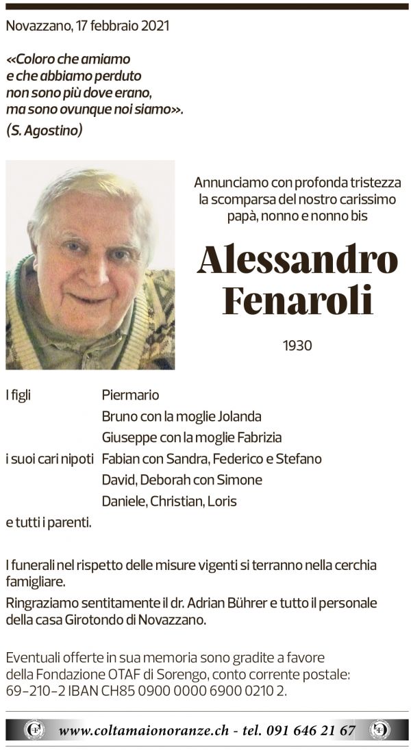 Annuncio funebre Alessandro Fenaroli