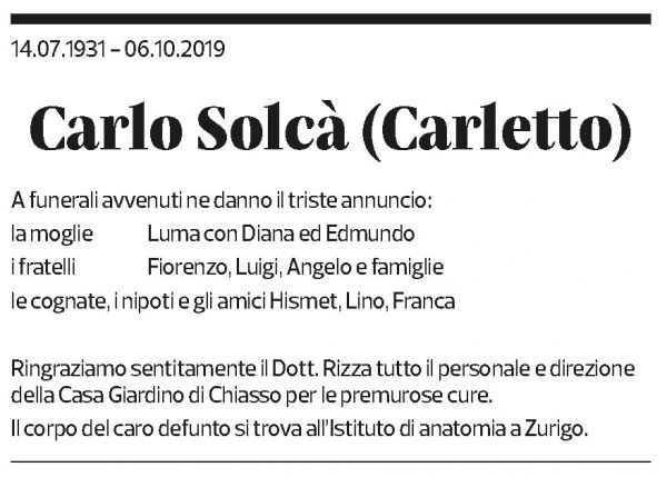 Annuncio funebre Carlo Solcà