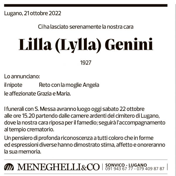 Annuncio funebre Lilla Genini