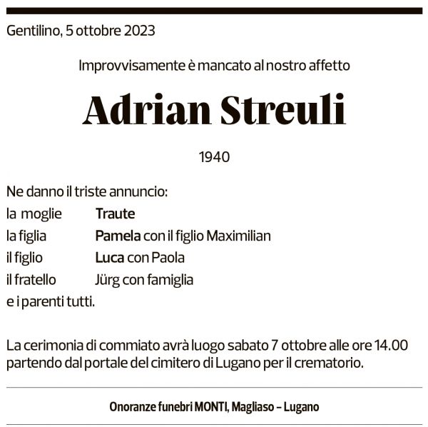 Annuncio funebre Adrian Streuli