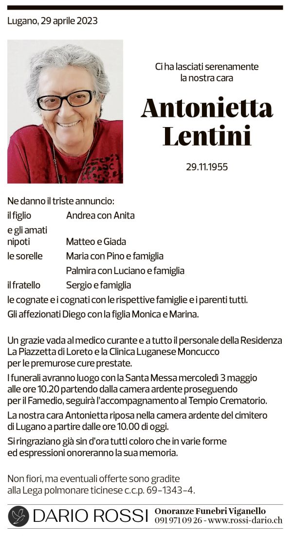 Annuncio funebre Antonietta Lentini