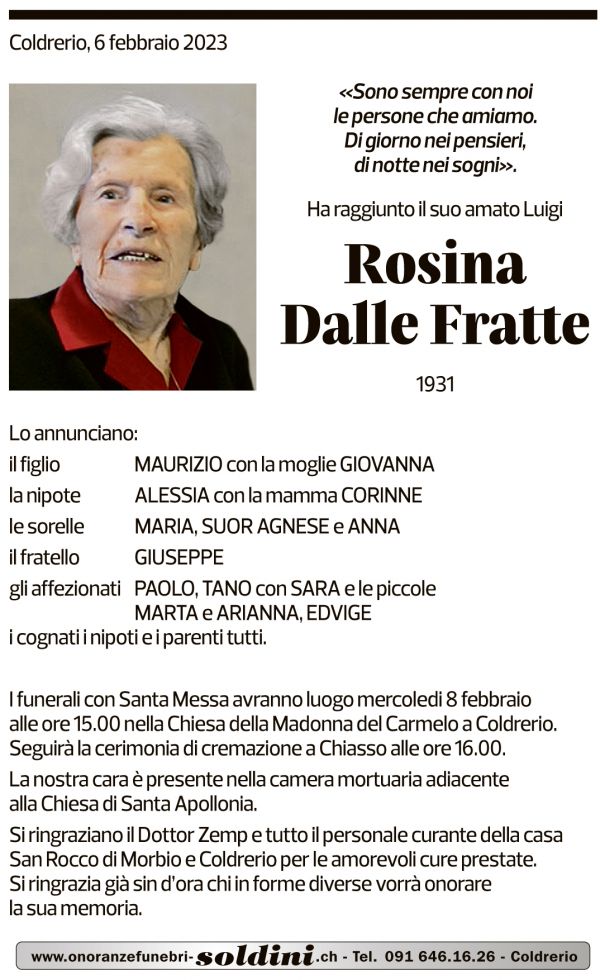 Annuncio funebre Rosina Dalle Fratte