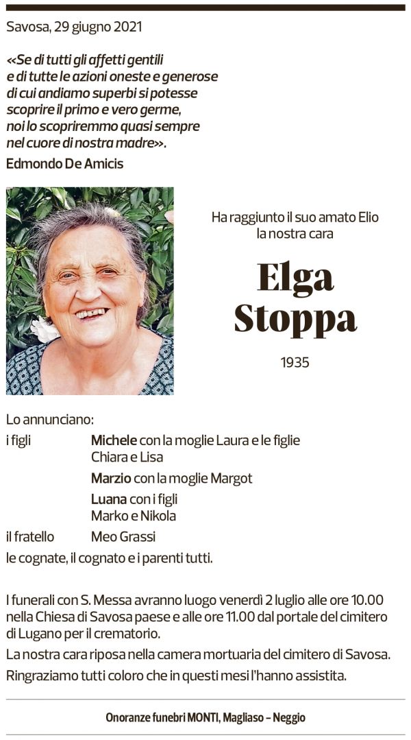 Annuncio funebre Elga Stoppa