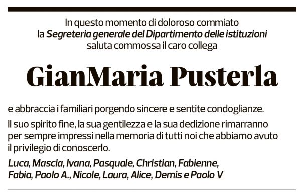 Annuncio funebre Gianmaria Pusterla