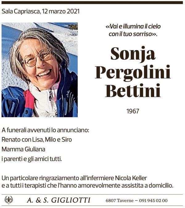 Annuncio funebre Sonja Pergolini Bettini