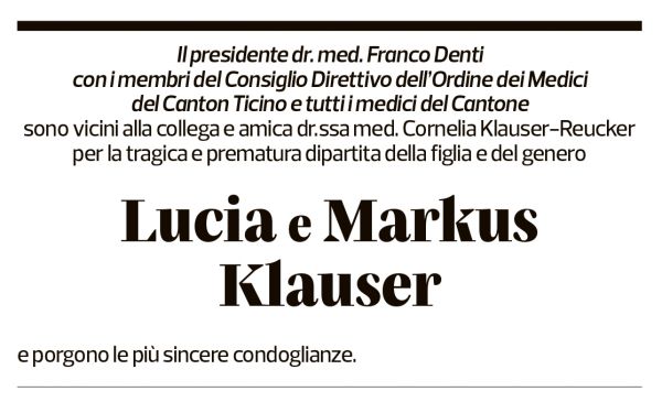 Annuncio funebre Lucia E Markus Klauser