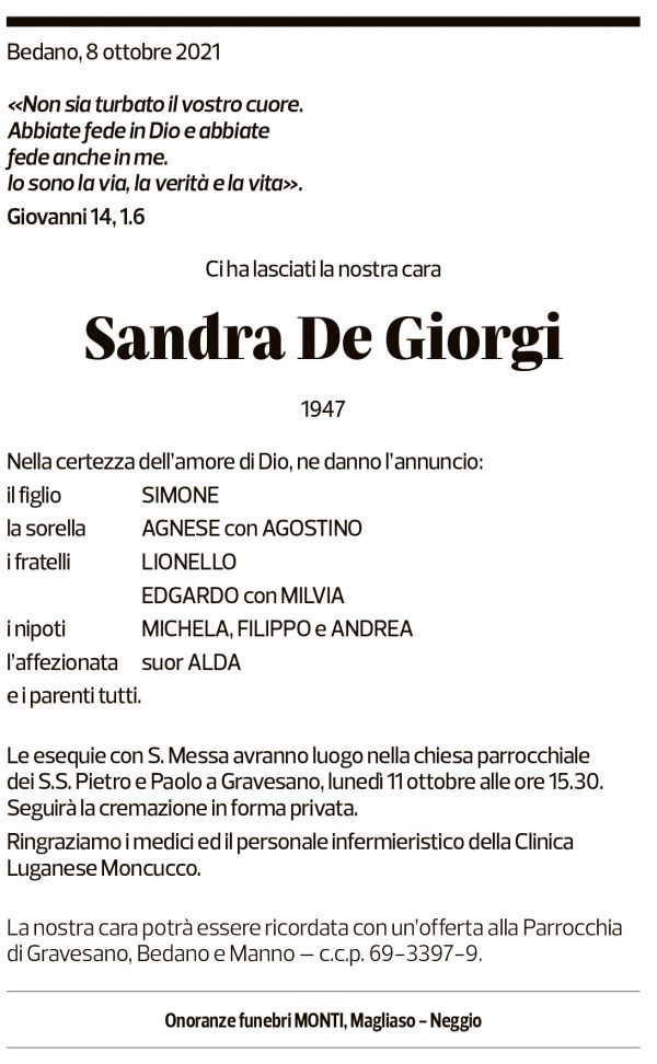 Annuncio funebre Sandra De Giorgi