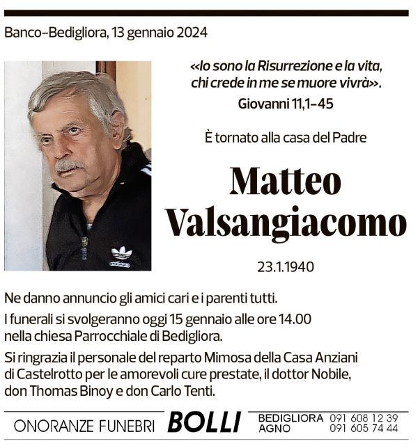 Annuncio funebre Matteo Valsangiacomo