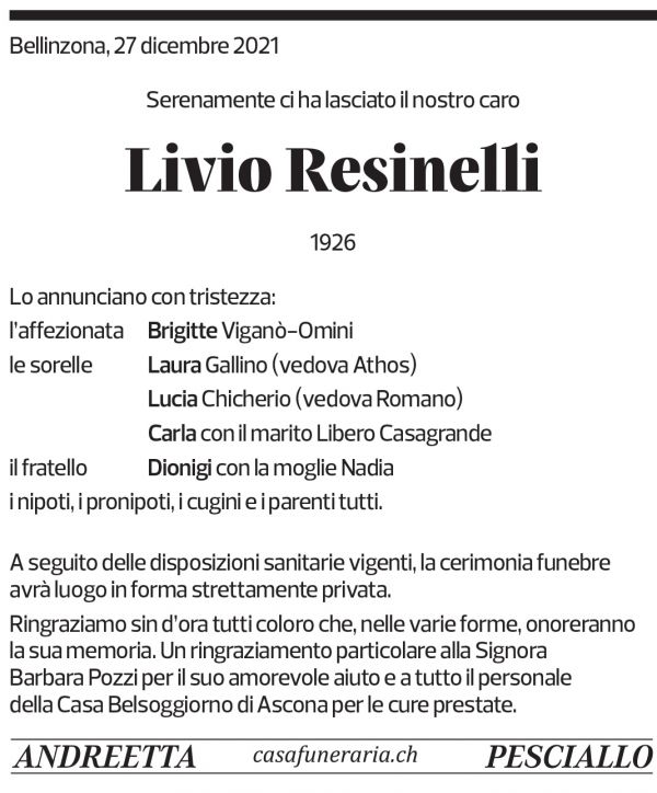 Annuncio funebre Livio Resinelli