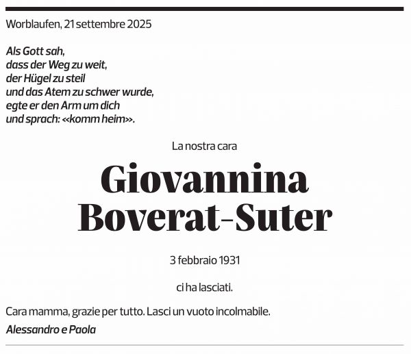 Annuncio funebre Giovannina Boverat-suter