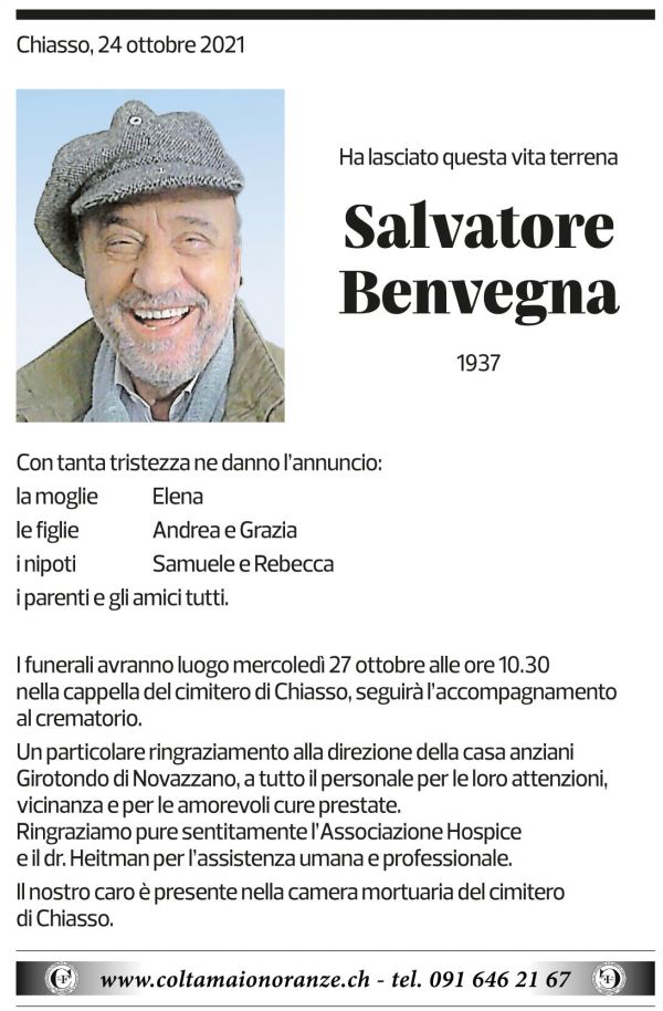 Annuncio funebre Salvatore Benvegna