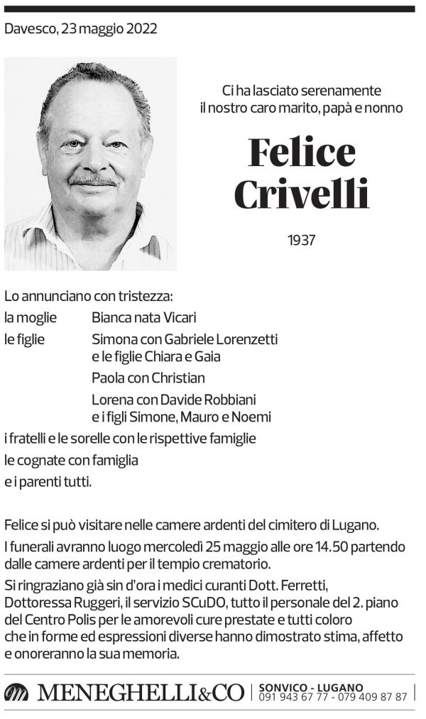 Annuncio funebre Felice Crivelli