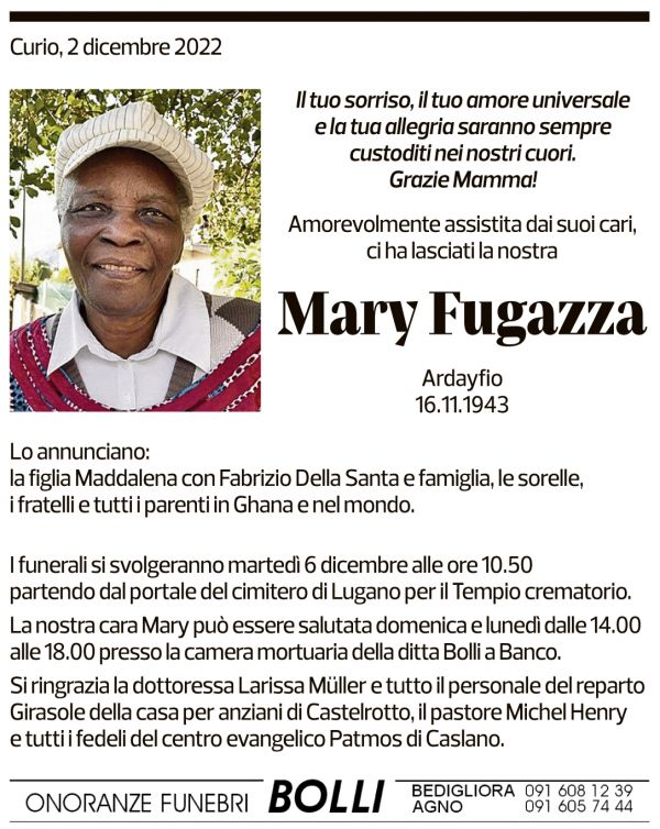 Annuncio funebre Mary Fugazza