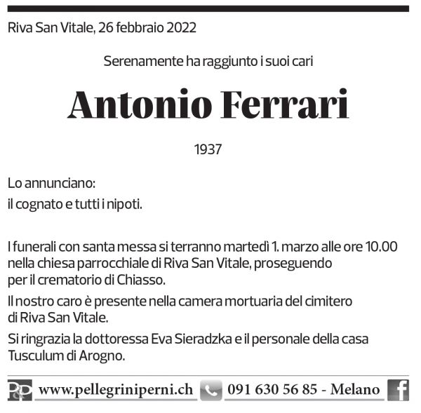 Annuncio funebre Antonio Ferrari