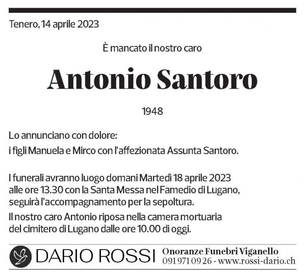 Annuncio funebre Antonio Santoro