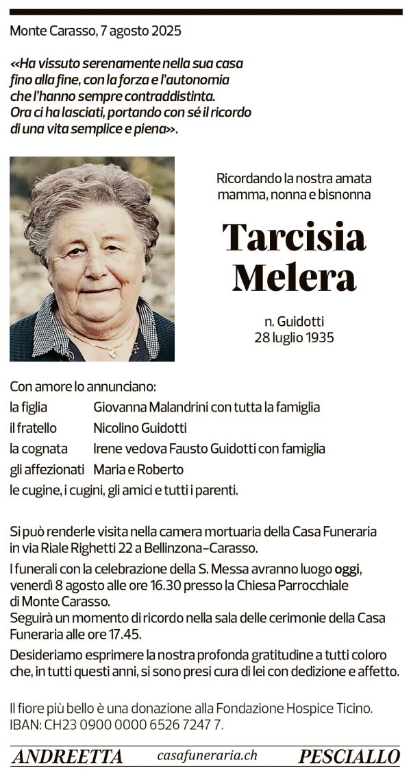 Annuncio funebre Tarcisia Melera