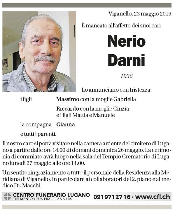 Annuncio funebre Nerio Darni