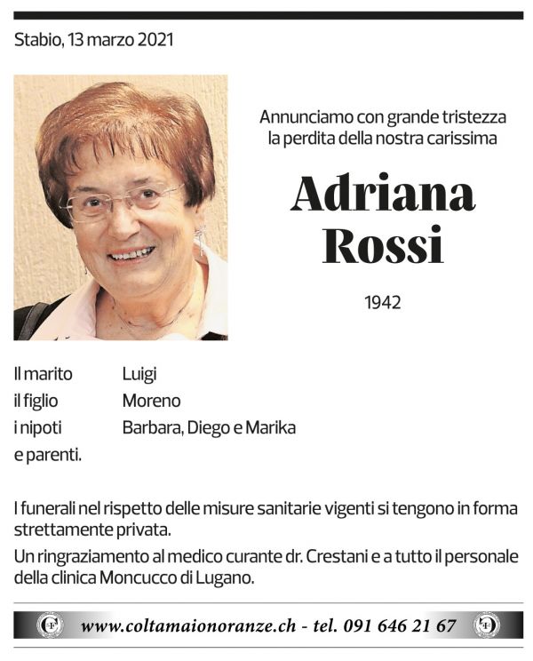 Annuncio funebre Adriana Rossi