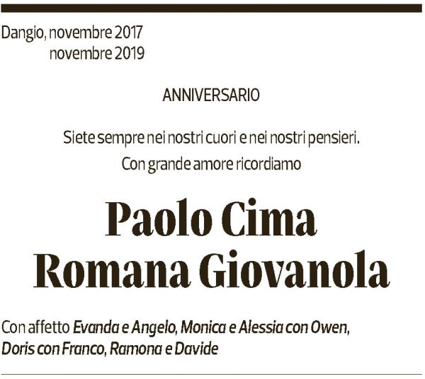 Annuncio funebre Paolo E Romano Cima E Giovanola