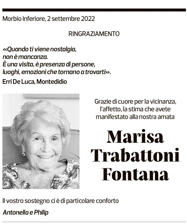 Annuncio funebre Marisa Trabattoni Fontana