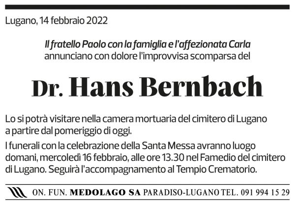 Annuncio funebre Hans Bernbach