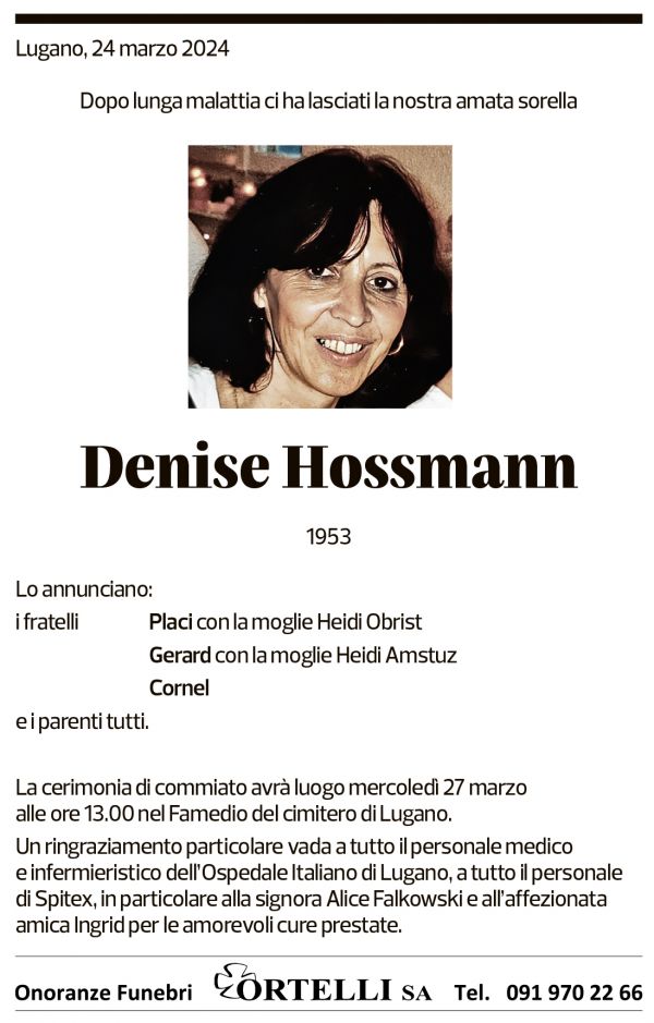 Annuncio funebre Denise Hossmann