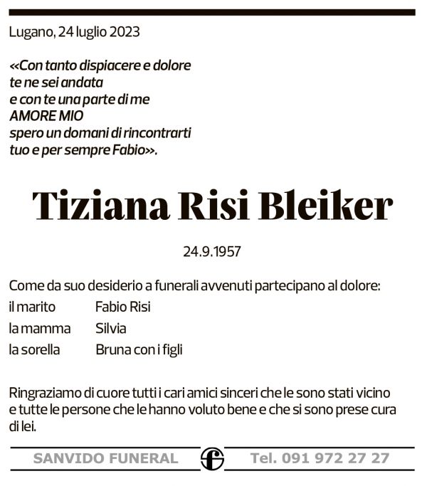 Annuncio funebre Tiziana Risi Bleiker