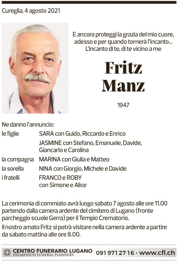 Annuncio funebre Fritz Manz