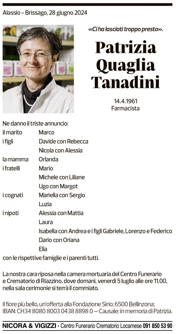 Annuncio funebre Patrizia Quaglia Tanadini