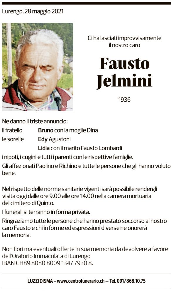 Annuncio funebre Fausto Jelmini