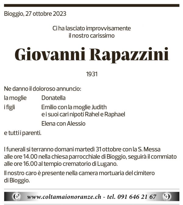 Annuncio funebre Giovanni Rapazzini