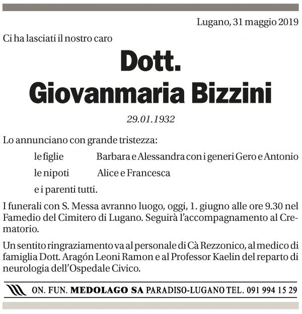 Annuncio funebre Giovanmaria Bizzini