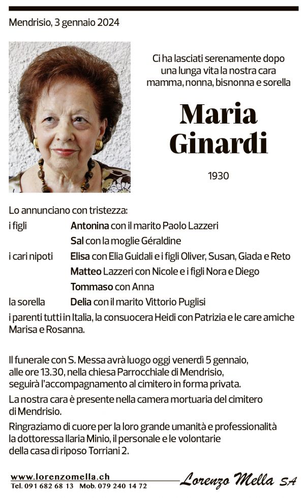 Annuncio funebre Maria Ginardi