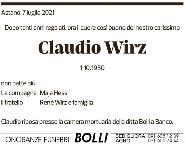 Annuncio funebre Claudio Wirz