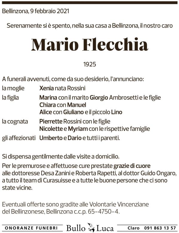 Annuncio funebre Mario Flecchia