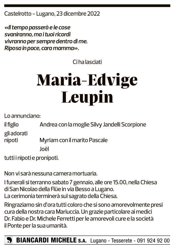 Annuncio funebre Maria-edvige Leupin