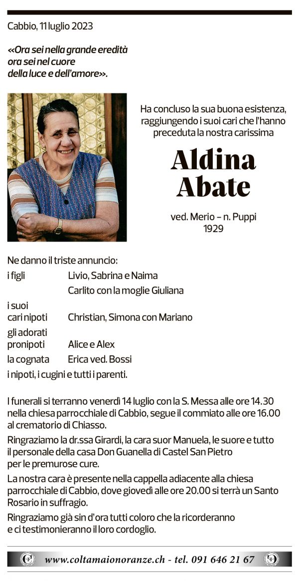 Annuncio funebre Aldina Abate