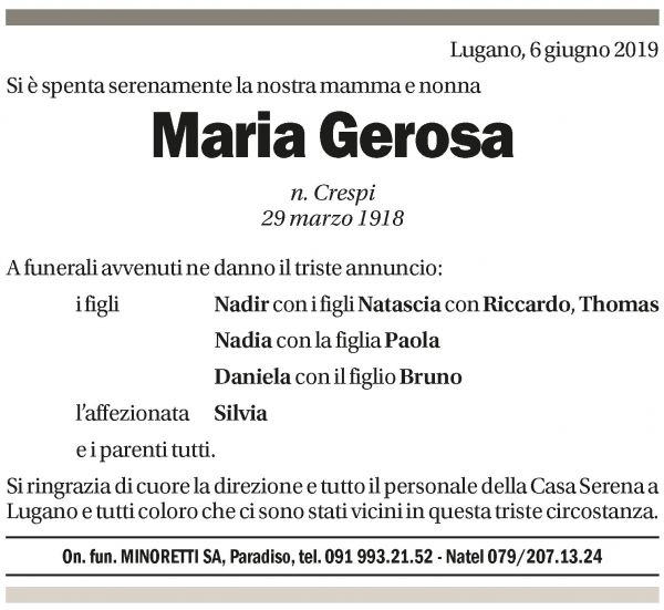 Annuncio funebre Maria Gerosa
