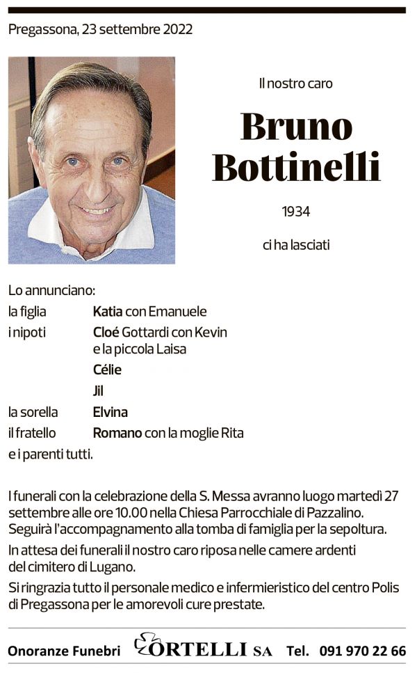 Annuncio funebre Bruno Bottinelli