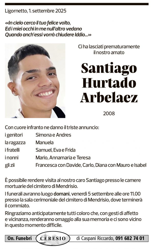 Annuncio funebre Santiago Hurtado Arbelaez