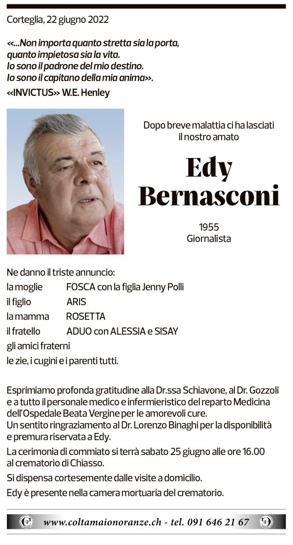 Annuncio funebre Edy Bernasconi