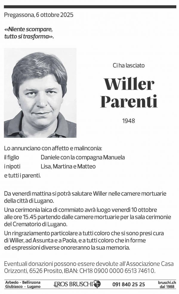 Annuncio funebre Willer Parenti