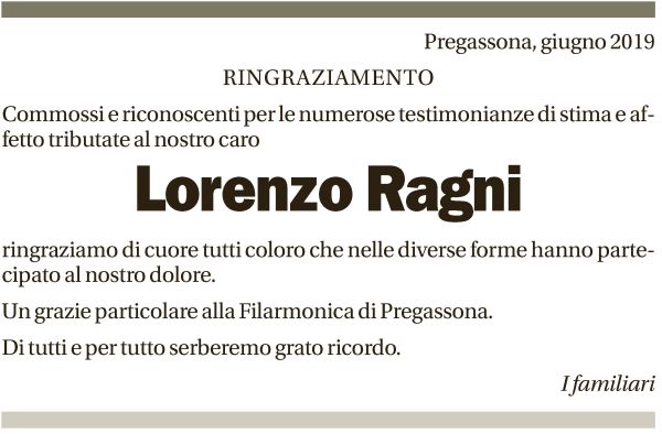Annuncio funebre Lorenzo Ragni