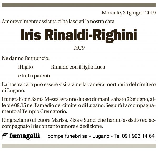 Annuncio funebre Iris Rinaldi-righini