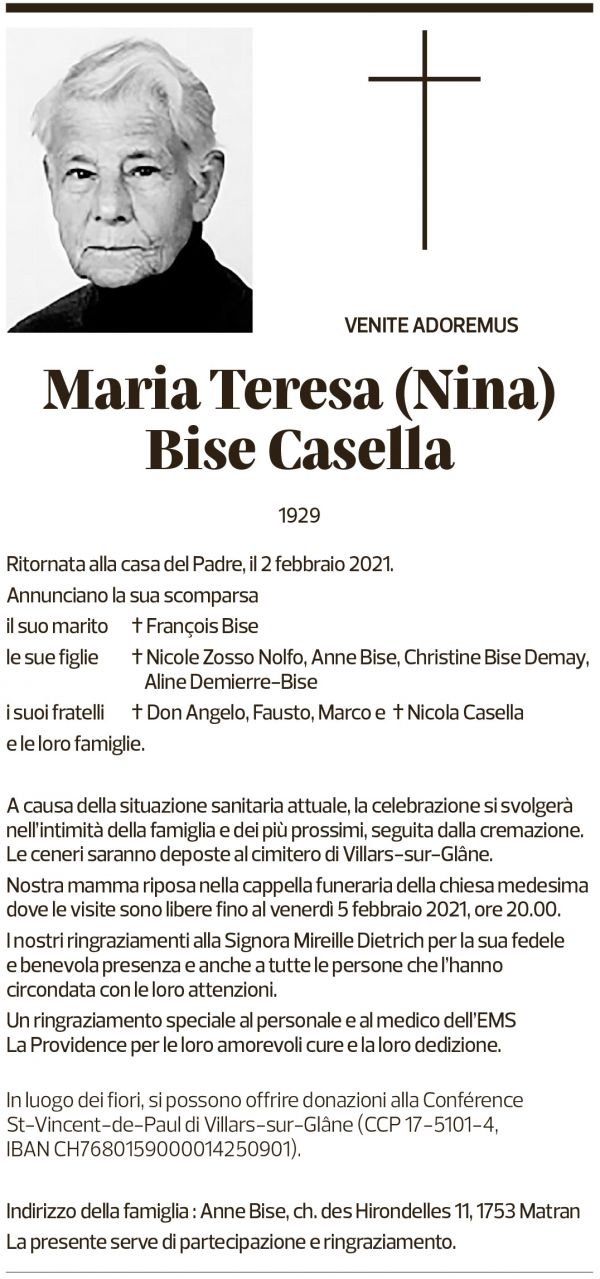 Annuncio funebre Maria Teresa Bise Casella