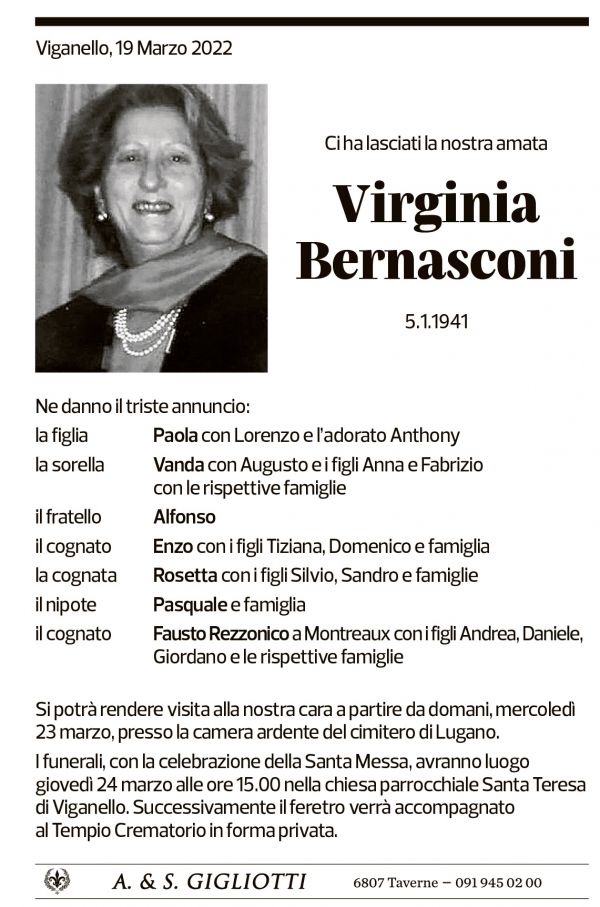 Annuncio funebre Virginia Bernasconi