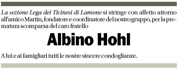 Annuncio funebre Albino Hohl