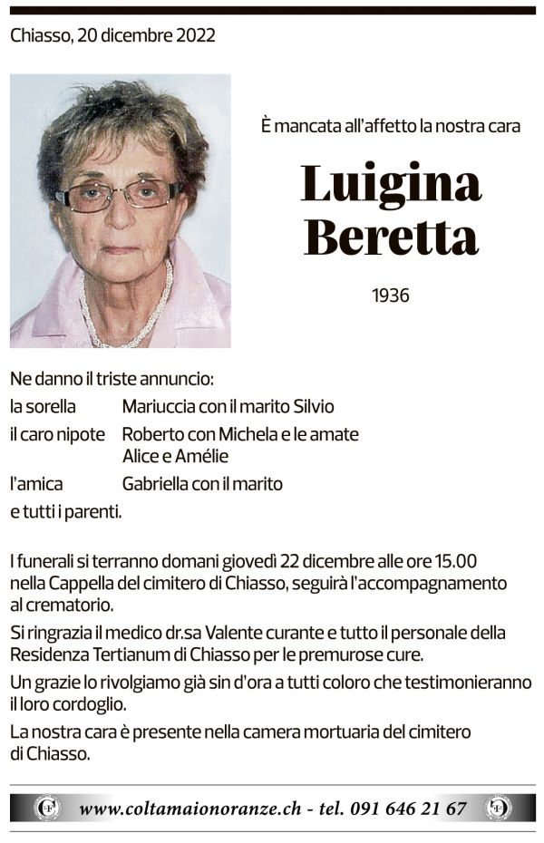 Annuncio funebre Luigina Beretta