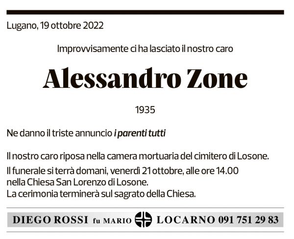 Annuncio funebre Alessandro Zone