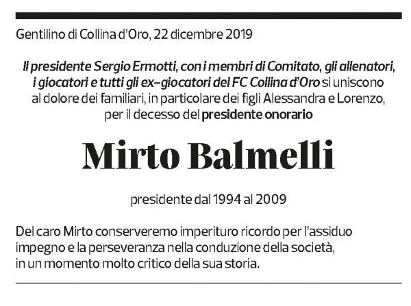 Annuncio funebre Mirto Balmelli